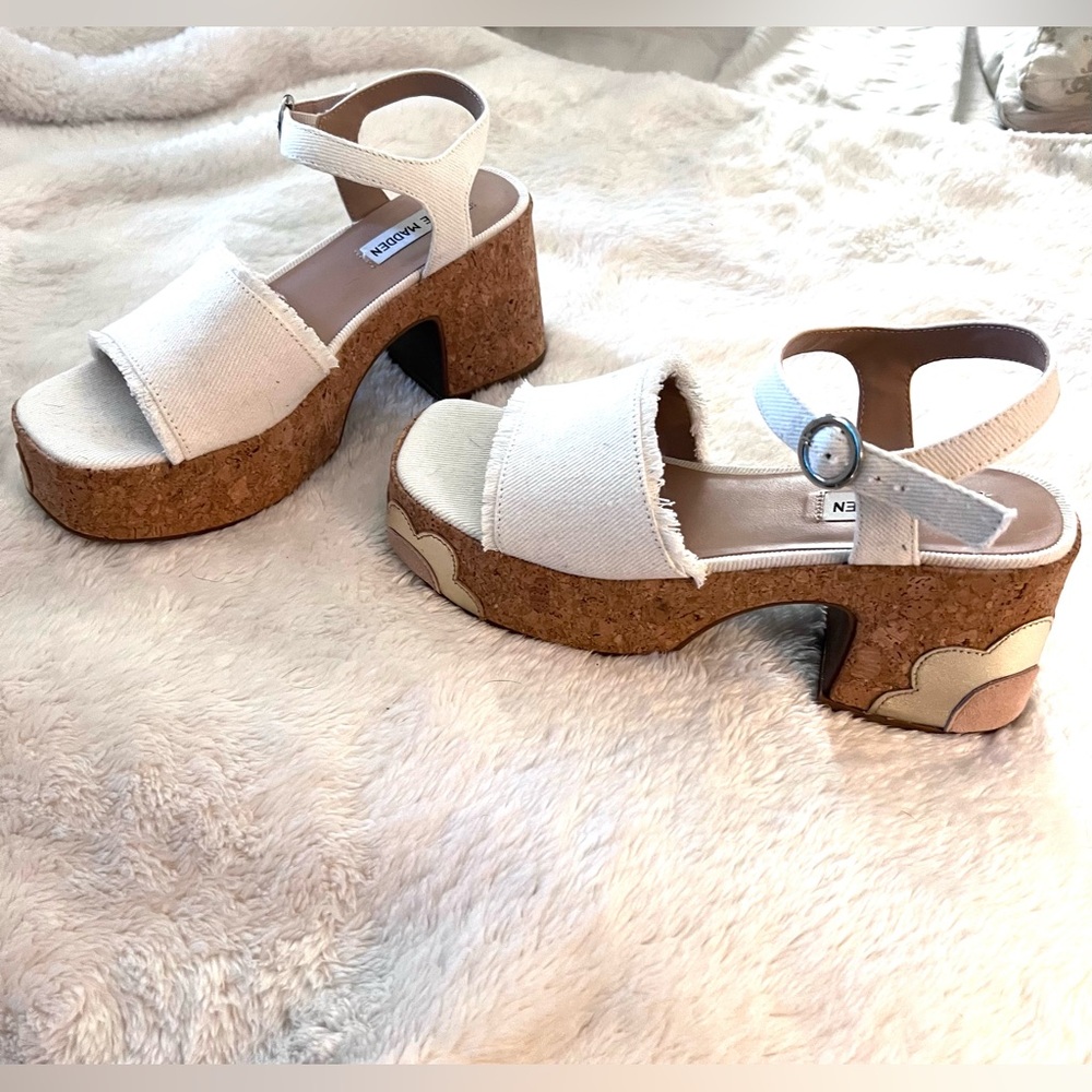 Steve Madden Cream Canvas Cork Platform Sandals with Ankle Strap